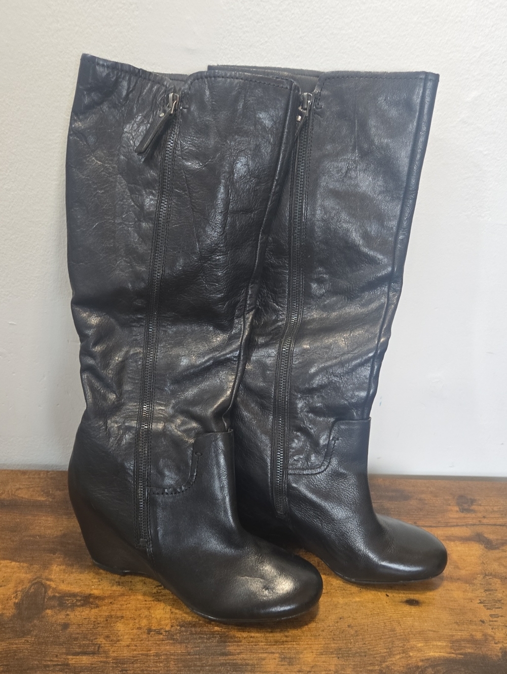 Franco Sarto Black Leather Over-the-Knee Wedge Boots
